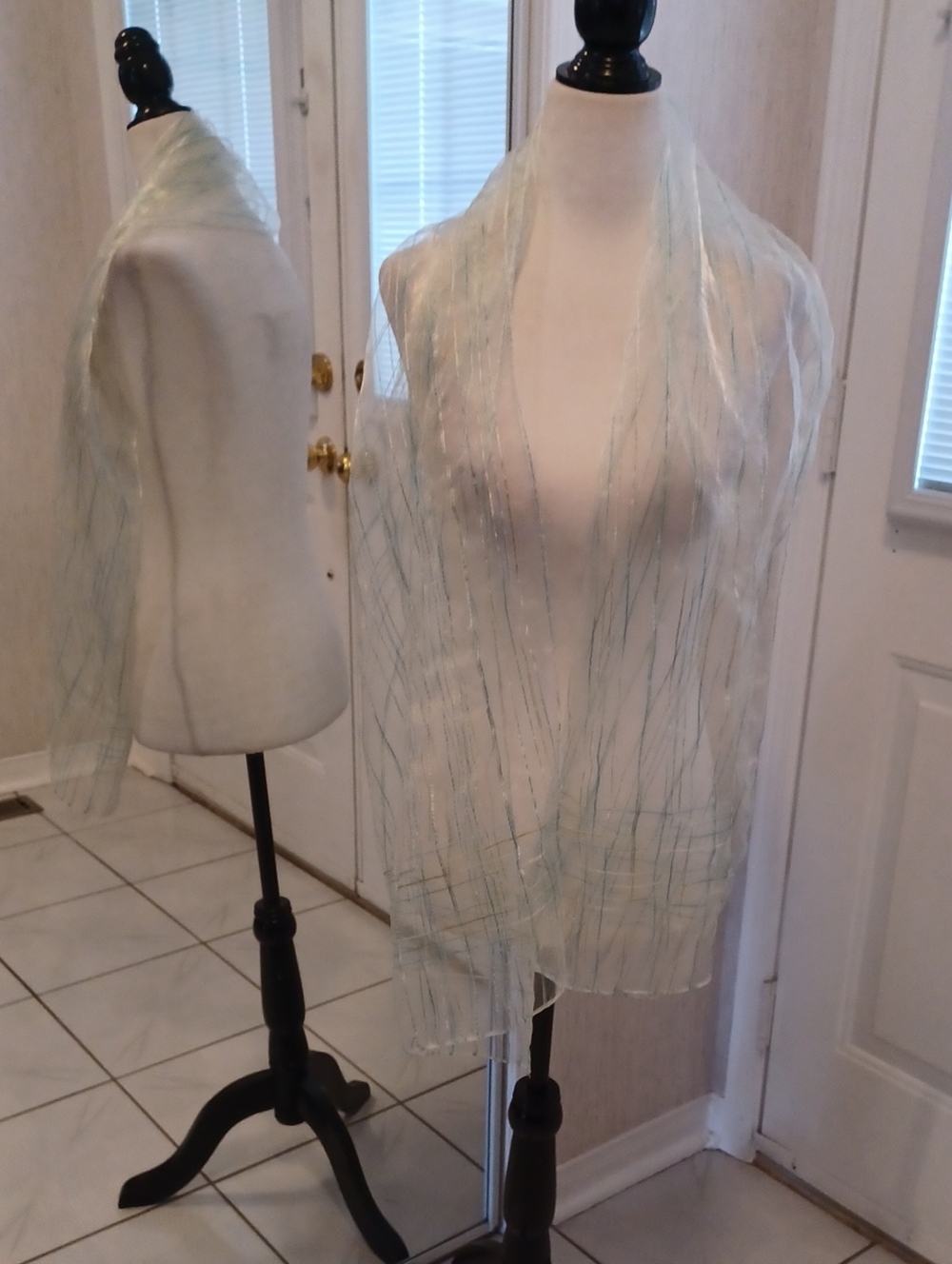4/$30 Sheer Scarf With Green, Blue & Silver Wavy Striped Pattern